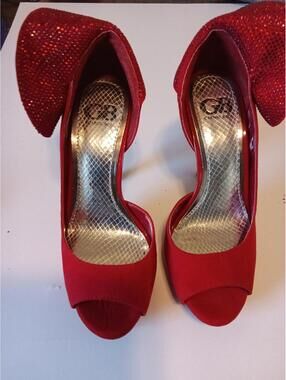 Gianni Bini Red High Heel Peep Toe Shoes with Embellished Heel Detail